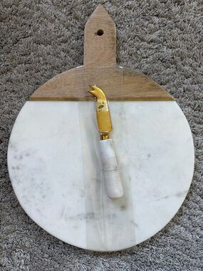 Cost Plus World Market White Marble & Wood Round Cheese Board with Gold Spreader